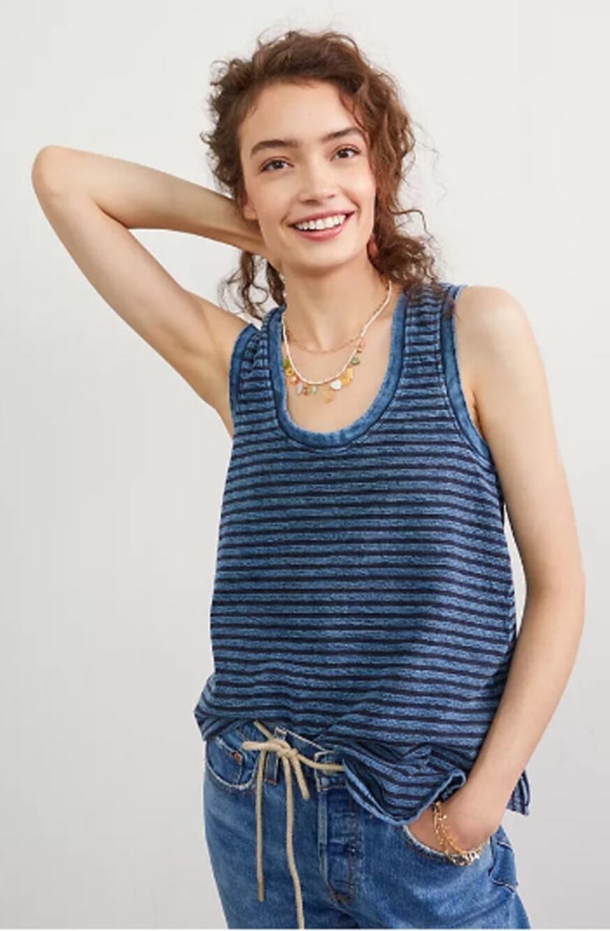 Pilcro Anthropologie Size S Blue Striped Tank Top Cotton Scoop Neck Raw Hem